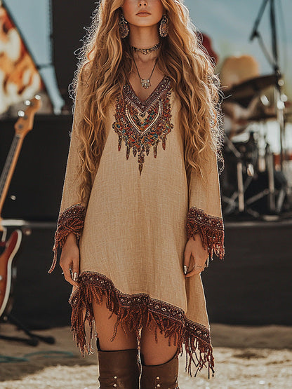 Lace Trim Loose Printed Midi Dress