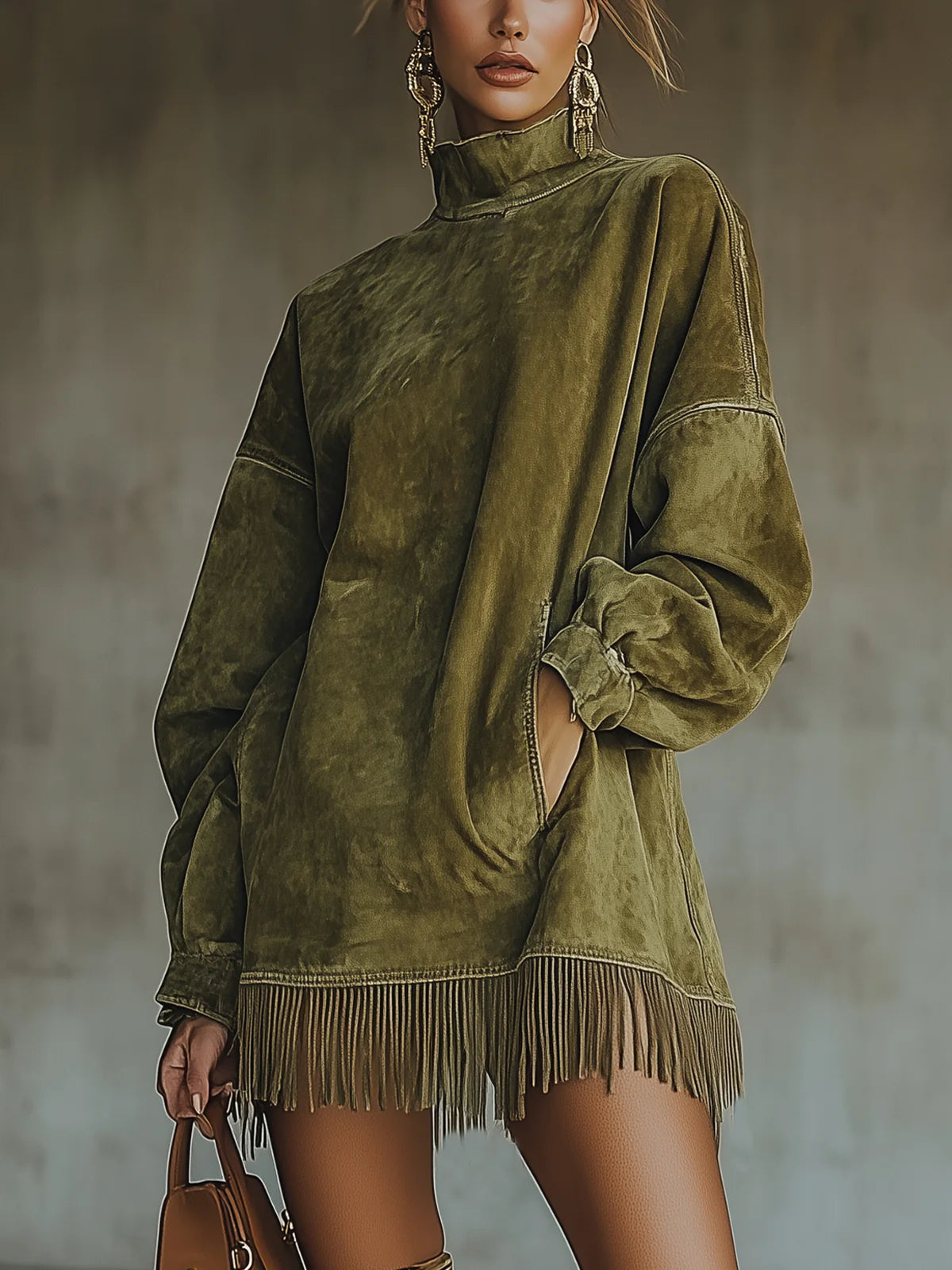 Faux Suede Turtleneck Dress With Fringe Hem