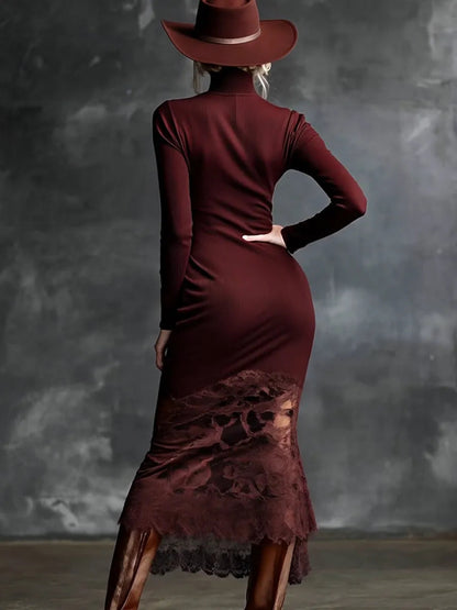 Elegant High-neck Lace Hem Burgundy Maxi Dress