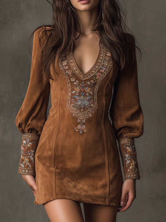 Vintage Brown V-Neck Suede Embroidered Mini Dress