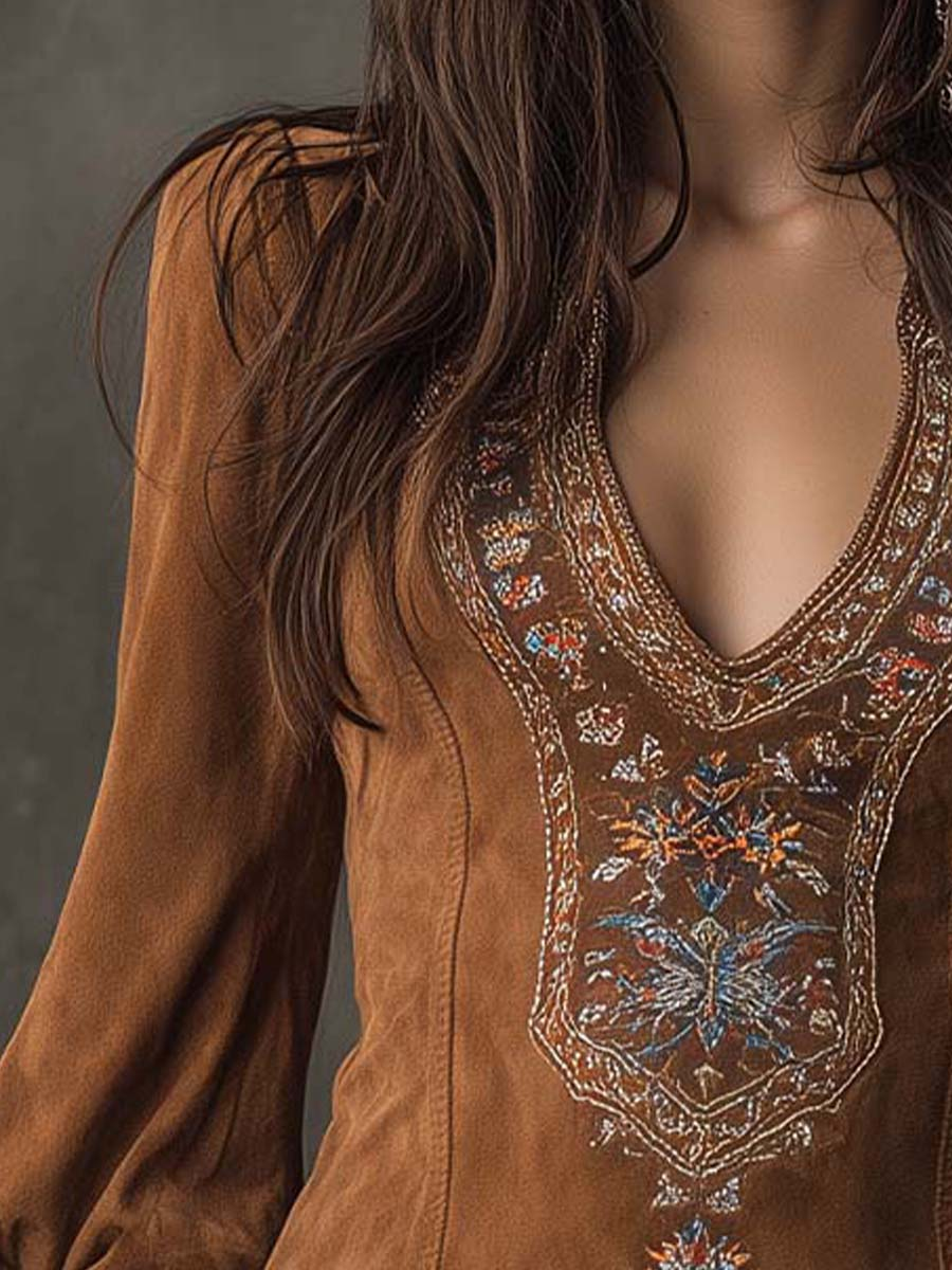 Vintage Brown V-Neck Suede Embroidered Mini Dress