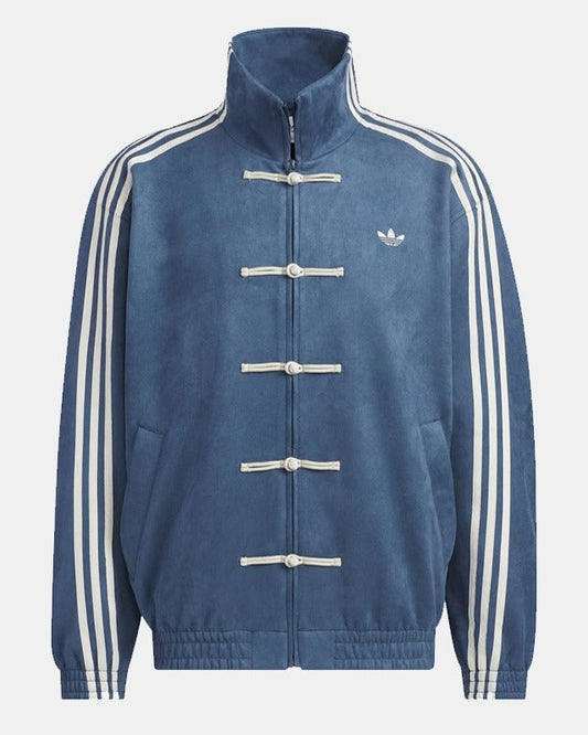 Blue Adidas men’s sports jacket with white stripes – front view
